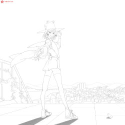 Rule 34 | 1girl, circle a, cityscape, female focus, frog, greyscale, hand on headwear, hat, highres, legs, lineart, looking back, monochrome, moriya suwako, shoes, sneakers, solo, touhou, wristband