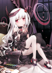 Rule 34 | 1girl, abyssal ship, artist name, bare shoulders, battleship psi class, bed, black dress, black footwear, black ribbon, breasts, closed mouth, colored skin, curtains, detached sleeves, dress, drill hair, fingernails, fingers together, flower, frills, full body, gem, gothic lolita, hair flower, hair ornament, headgear, holographic interface, indoors, lipstick, lolita fashion, long fingernails, long hair, looking at viewer, machinery, makeup, makeup brush, mascara, mtyy, nail polish, night, panties, panties under pantyhose, pantyhose, pantyshot, pillow, red eyes, red nails, ribbon, robot animal, robot fish, sharp fingernails, shoes, sitting, skindentation, small breasts, solo, steepled fingers, thigh strap, underwear, warship girls r, white hair, white panties, white pantyhose, white skin, window