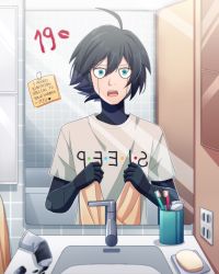 Rule 34 | 1boy, ahoge, alternate costume, android, bathroom, bathtub, black hair, blue eyes, cheer (cheerpuppy14), commentary, danganronpa (series), danganronpa v3: killing harmony, english commentary, english text, hair between eyes, highres, holding, holding towel, indoors, k1-b0, lipstick mark, looking at viewer, male focus, mirror, open mouth, pov, shirt, soap, solo, teeth, tile wall, tiles, toothbrush, towel, upper body, upper teeth only, wet, white shirt