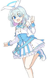 Rule 34 | 1girl, absurdres, arona (blue archive), bare legs, bare shoulders, blue archive, blue eyes, blue hair, halo, highres, idol, katsuhiko (bone hiko), looking at viewer, mischievous straight uniform (blue archive), pink hair, shirt, simple background, skirt, thighs, white background, white shirt, white skirt
