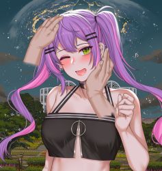 Rule 34 | 1girl, black choker, black tank top, blush, breasts, choker, cloud, commentary, crop top, cropped jacket, demon girl, disembodied hand, ear piercing, english commentary, flower, green eyes, hair ornament, hairclip, hanada yanochi, headpat, hololive, house, jacket, lamp, lavender (flower), long hair, long sleeves, looking at viewer, midriff, multicolored hair, night, night sky, o-ring, o-ring choker, off shoulder, one eye closed, outdoors, piercing, pink hair, plant, purple hair, sidelocks, sky, smile, star (sky), streaked hair, tank top, tokoyami towa, twintails, virtual youtuber, white jacket
