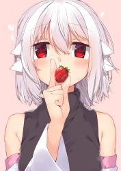 Rule 34 | 1girl, adyisu, altair floone, bare shoulders, black shirt, blush, brown background, commentary request, covered mouth, detached sleeves, fingernails, food, fruit, hair between eyes, hand up, heart, holding, holding food, long sleeves, looking at viewer, original, red eyes, shirt, silver hair, simple background, sleeveless, sleeveless shirt, solo, strawberry, wide sleeves