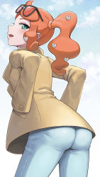 Rule 34 | 1girl, ass, blush, creatures (company), game freak, glasses, green eyes, hands in pockets, hashi, jacket, long hair, looking at viewer, nintendo, open mouth, orange hair, pants, pokemon, pokemon swsh, ponytail, shiny clothes, smile, solo, sonia (pokemon)
