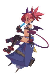 Rule 34 | 1girl, bandeau, bat wings, black thighhighs, boots, demon girl, demon tail, disgaea, earrings, elbow gloves, etna (disgaea), food, from side, full body, gloves, hair between eyes, hand on another&#039;s head, harada takehito, high heel boots, high heels, highres, ice cream, jewelry, mini wings, miniskirt, pencil skirt, pointy ears, popsicle, prinny, red eyes, red hair, simple background, sitting, sitting on person, skirt, solo, spiked hair, standing, tail, thighhighs, tongue, twintails, white background, wings