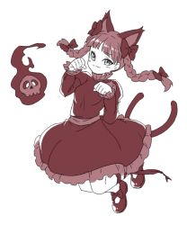 Rule 34 | 1girl, :3, animal ears, blush, bow, braid, cat ears, cat tail, clenched hands, dress, extra ears, floating skull, footwear bow, ghost, hitodama, itani illust, jumping, kaenbyou rin, leg ribbon, mary janes, monochrome, multiple tails, paw pose, puffy sleeves, ribbon, sepia, shoes, simple background, skull, slit pupils, tail, touhou, twin braids, two tails, white background