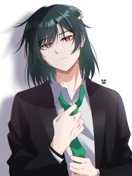 Rule 34 | 1girl, adjusting clothes, adjusting necktie, amakuma, black hair, black jacket, black suit, closed mouth, collared shirt, commentary, formal, green necktie, hair ribbon, highres, jacket, long sleeves, looking at viewer, love live!, love live! nijigasaki high school idol club, mifune shioriko, necktie, red eyes, ribbon, shadow, shirt, short hair, solo, suit, suit jacket, symbol-only commentary, upper body, white shirt, yellow ribbon