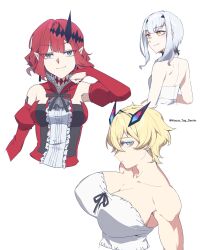 Rule 34 | absurdres, alternate hair length, alternate hairstyle, baobhan sith (fate), bare shoulders, barghest (fate), black ribbon, blonde hair, blue eyes, breasts, choker, cleavage, collared dress, detached sleeves, diamond hairband, dress, fate/grand order, fate (series), from behind, from side, grey eyes, hair over one eye, halterneck, heterochromia, highres, house tag denim, large breasts, looking at viewer, melusine (fate), multiple girls, muscular, muscular female, one eye covered, pointy ears, red dress, red hair, red shirt, ribbon, shirt, short hair, sidelocks, small breasts, smile, strapless, strapless dress, tiara, watermark, white hair, white shirt, yellow eyes