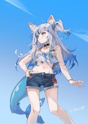 Rule 34 | 1girl, a yue, absurdres, animal ear fluff, animal ears, black choker, blue eyes, blue hair, blue nails, blue shorts, blue sky, blunt bangs, breasts, cat ears, choker, cropped shirt, fins, fish tail, gawr gura, grey hair, hair ornament, hand on own hip, highres, hololive, hololive english, long hair, looking to the side, medium hair, midriff, multicolored hair, nail polish, navel, shark girl, shark hair ornament, shark tail, shirt, short shorts, shorts, sidelocks, sky, small breasts, solo, streaked hair, tail, two side up, virtual youtuber