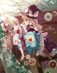 Rule 34 | 2girls, alice margatroid, bad id, bad twitter id, black dress, blonde hair, blue dress, blue eyes, boots, bow, capelet, cierra (ra-bit), dress, eating, food, food on face, frilled dress, frills, hairband, hat, hat ribbon, kirisame marisa, lolita hairband, long hair, looking at viewer, multiple girls, puffy sleeves, ribbon, sash, short hair, short sleeves, sitting, text focus, touhou, witch hat, yellow eyes