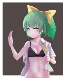 Rule 34 | 1girl, black bra, bow, bra, breasts, brown background, closed eyes, closed mouth, commentary request, cookie (touhou), daiyousei, diyusi (cookie), green hair, hair bow, highres, medium hair, navel, neck ribbon, no panties, off shoulder, ponytail, shirt, short sleeves, simple background, small breasts, solo, touhou, underwear, undone neck ribbon, undressing, upper body, white shirt, yan pai, yellow bow, yellow neckwear