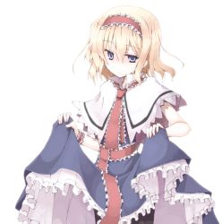 Rule 34 | 1girl, alice margatroid, black pantyhose, blonde hair, blue eyes, capelet, clothes lift, dress, dress lift, female focus, hairband, mochiki, pantyhose, short hair, simple background, solo, touhou