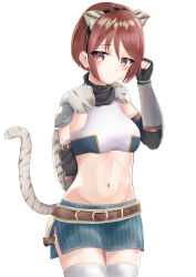 Rule 34 | 1girl, absurdres, animal ear fluff, animal ears, arm behind back, armor, bandeau, belt, black gloves, blush, breasts, brown belt, brown hair, capelet, commentary request, cowboy shot, fake animal ears, fake tail, fingerless gloves, fur capelet, ganbariino, gauntlets, gloves, green skirt, groin, hair between eyes, hand up, highres, looking at viewer, medium breasts, midriff, miniskirt, navel, princess connect!, purple eyes, shiori (princess connect!), shiori (real) (princess connect!), short hair, shoulder armor, sidelocks, simple background, skirt, smile, solo, split mouth, standing, striped tail, tail, thighhighs, tiger ears, tiger tail, white background, white thighhighs, zettai ryouiki