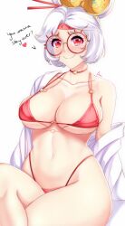 Rule 34 | 1girl, anisdrawn, bikini, blush, breasts, choker, closed mouth, collarbone, crossed legs, curvy, english text, glasses, hair ornament, headband, heart, highres, large breasts, looking at viewer, navel, nintendo, purah, red-framed eyewear, red bikini, red choker, red eyes, red headband, round eyewear, shirt, short hair, single bare shoulder, sitting, smile, solo, stomach, strap gap, swimsuit, the legend of zelda, the legend of zelda: tears of the kingdom, wavy mouth, white shirt, wide hips