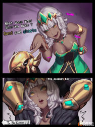 Rule 34 | 1girl, 2boys, 2koma, armlet, azir, blunt bangs, bracelet, breasts, comic, commentary request, dark skin, dress, eyeshadow, green dress, hetero, highres, jewelry, kumiko shiba, league of legends, makeup, multiple boys, nail polish, nasus, necklace, pointing, qiyana (league of legends), smug, standing, tiara, to be continued, yellow eyes