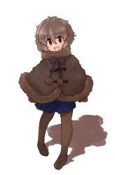 Rule 34 | 10s, 1girl, bow, bowtie, brown eyes, brown hair, fur trim, gloves, highres, kemono friends, multicolored hair, north island brown kiwi (kemono friends), open mouth, pantyhose, poncho, red hair, rumenia (ao2is), shadow, short hair, simple background, solo, thighhighs, two-tone hair, white background