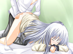 Rule 34 | 10s, 1girl, all fours, angel beats!, bad id, bad pixiv id, blazer, blush, bottomless, bow, bow panties, cum, cum in pussy, cum on body, cum on clothes, cum on legs, cum on legs, doggystyle, closed eyes, jacket, panties, panties around leg, panty pull, school uniform, sex, sex from behind, silver hair, solo focus, tabuchi (tabuchisanchi), tabuchisan, tenshi (angel beats!), underwear, vaginal, white panties