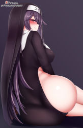 Rule 34 | 1girl, ass, back, bad id, bad pixiv id, blush, breasts, closed mouth, dress, from behind, furrowed brow, gradient background, habit, half-closed eyes, highres, large breasts, last origin, long dress, long hair, long sleeves, looking at viewer, looking back, mapar, nude, nun, purple hair, red eyes, side slit, simple background, sitting, solo, tongue, tongue out, veronica (last origin), veronica type-asc, yokozuwari