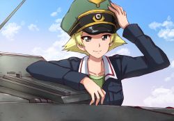 Rule 34 | 1girl, blonde hair, blue jacket, blue sky, brown eyes, closed mouth, cloud, cloudy sky, commentary, day, erwin (girls und panzer), girls und panzer, green hat, green shirt, hand on headwear, hat, highres, jacket, long sleeves, looking at viewer, military, military hat, military uniform, military vehicle, motor vehicle, omachi (slabco), ooarai military uniform, outdoors, peaked cap, pointy hair, shirt, short hair, sky, smile, solo, tank, tank cupola, uniform