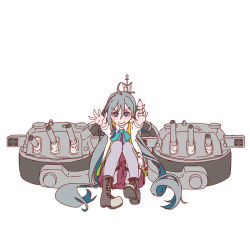 Rule 34 | 10s, 1girl, ahoge, blue hair, blush, boots, bow, bowtie, cross-laced footwear, dress, grey eyes, grey hair, grey pantyhose, hair between eyes, kantai collection, kiyoshimo (kancolle), long hair, low twintails, mikeco, multicolored hair, outstretched arms, pantyhose, shell, shirt, sitting, sleeveless, sleeveless dress, smile, solo, twintails, very long hair, white shirt