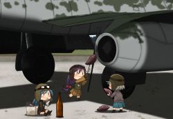 Rule 34 | 3girls, :3, aircraft, airplane, annin musou, blue hair, bottle, commentary request, fairy (kancolle), food, goggles, goggles on head, grey hair, kantai collection, long hair, low-tied long hair, me 262, multiple girls, pilot, pilot helmet, pilot suit, purple hair, roasted sweet potato, short hair, sitting, skirt, stick, sweet potato, roasted sweet potato, | |