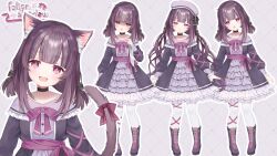Rule 34 | 1girl, animal ear fluff, animal ears, black bow, black choker, black dress, black footwear, boots, bow, cat ears, cat tail, character name, choker, collarbone, cross-laced footwear, dress, eyes in shadow, fallenshadow, frilled dress, frills, full body, hair bow, hair ornament, heart, heart-shaped pupils, highres, holding, holding knife, indie virtual youtuber, knife, leg ribbon, long hair, official art, open mouth, pantyhose, pink bow, purple bow, ribbon, rucaco, second-party source, symbol-shaped pupils, tail, tail bow, tail ornament, virtual youtuber, white pantyhose, x hair ornament