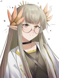 Rule 34 | 1girl, arknights, bespectacled, black choker, black shirt, brown-framed eyewear, brown eyes, choker, closed mouth, collarbone, commentary request, eroborne, glasses, grey hair, highres, jacket, long hair, looking at viewer, mole, mole under eye, muelsyse (arknights), open clothes, open jacket, pointy ears, round eyewear, semi-rimless eyewear, shirt, signature, simple background, smile, solo, under-rim eyewear, upper body, v-shaped eyebrows, very long hair, white background, white jacket