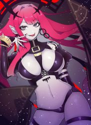 Rule 34 | 1girl, black nails, black panties, bracelet, breasts, detached sleeves, earrings, baobhan sith (fate), fang, fate/grand order, fate (series), gluteal fold, grey eyes, hair between eyes, hair ornament, hamumagu, jewelry, large breasts, long hair, looking at viewer, nail polish, navel, panties, pink hair, pointy ears, revealing clothes, slit pupils, smile, solo, stomach, string, thigh strap, thighs, tongue, tongue out, underwear