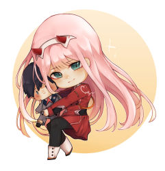 Rule 34 | 10s, 1girl, black pantyhose, blush, boots, chibi, commentary, darling in the franxx, doll, dress, english commentary, green eyes, hair ornament, hairband, highres, hiro (darling in the franxx), holding, holding doll, horns, julilyn, long hair, long sleeves, looking at viewer, military, military uniform, necktie, oni horns, orange necktie, pantyhose, pink hair, red dress, red horns, solo, uniform, white footwear, white hairband, zero two (darling in the franxx)