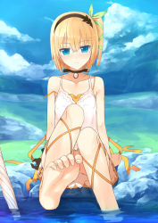 Rule 34 | 10s, 1girl, akitaka (pixiv12739753), barefoot, black hairband, black neckwear, blonde hair, blue eyes, collarbone, day, dress, edna (tales), feet, green ribbon, hair ribbon, hairband, highres, long hair, looking at viewer, one side up, outdoors, ribbon, short hair, solo, tales of (series), tales of zestiria, toes, water, white dress, yellow ribbon