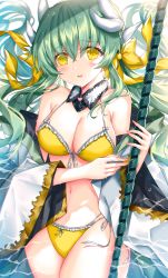 Rule 34 | 1girl, :d, bare shoulders, bikini, blush, bow, breasts, cleavage, commentary request, cowboy shot, detached collar, dragon girl, dragon horns, fate/grand order, fate (series), green hair, hair bow, halterneck, highres, holding, holding weapon, horns, kiyohime (fate), kiyohime (fate/grand order), kiyohime (swimsuit lancer) (fate), kiyohime (swimsuit lancer) (first ascension) (fate), large breasts, long hair, long sleeves, looking at viewer, medium breasts, morizono shiki, navel, open mouth, partially submerged, polearm, side-tie bikini bottom, smile, solo, string bikini, swimsuit, water, weapon, wide sleeves, yellow bikini, yellow bow, yellow eyes