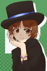 Rule 34 | 1girl, absurdres, alternate costume, black hat, black shirt, bracelet, brown eyes, brown hair, closed mouth, commentary, girls und panzer, green background, hat, highres, jewelry, long sleeves, looking at viewer, midori no gomamugi, nishizumi miho, shirt, short hair, smile, solo, top hat, veil