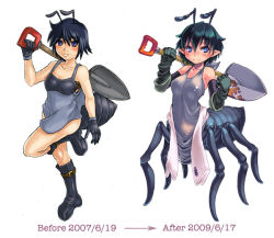 Rule 34 | 00s, 2007, 2009, ant, ant girl, antennae, arthropod girl, before and after, blue eyes, blush, boots, bug, comparison, giant ant, insect, kenkou cross, monster girl, monster girl encyclopedia, pointy ears, short hair, shovel, simple background, smile, sweat, worktool