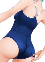 Rule 34 | 1girl, adjusting clothes, adjusting swimsuit, ass, back, close-up, competition school swimsuit, dutch angle, eto, from behind, hatsune miku, mole, mole on body, one-piece swimsuit, school swimsuit, simple background, solo, swimsuit, vocaloid, water drop, wedgie, wet