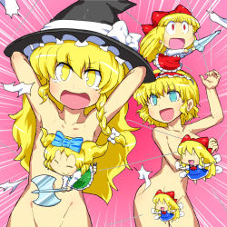 Rule 34 | 2girls, alice margatroid, axe, blonde hair, blue eyes, bow, braid, censored, character censor, collarbone, convenient censoring, female focus, gomi ichigo, hat, highres, hourai doll, kirisame marisa, multiple girls, navel, censored nipples, novelty censor, nude, open mouth, out-of-frame censoring, shanghai doll, tears, touhou, weapon, yellow eyes