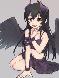 Rule 34 | 1girl, arm support, bare shoulders, black hair, black nails, black wings, breasts, camisole, choker, crop top, feathered wings, finger to cheek, grey background, highres, horns, idolmaster, idolmaster cinderella girls, long hair, matoba risa, mishishi, navel, open mouth, purple skirt, simple background, sitting, skirt, small breasts, smile, solo, wings, wristband, yellow eyes