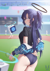 Rule 34 | 1girl, ass, blue archive, blurry, blurry background, blurry foreground, blush, bottle, breasts, buruma, cowboy shot, depth of field, from behind, gym uniform, halo, highres, holding, holding bottle, jacket, long hair, looking at viewer, looking back, medium breasts, motion blur, official alternate costume, ponytail, purple eyes, purple hair, shadow cat (yingmiao), shirt, short sleeves, solo, sweat, thighs, track jacket, water bottle, yuuka (blue archive), yuuka (track) (blue archive)