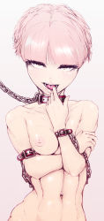 Rule 34 | 1girl, absurdres, bdsm, bondage, bound, breasts, chain, collar, cuffs, gradient background, highres, leash, looking at viewer, navel piercing, nipples, nude, open mouth, original, piercing, pink eyes, pink hair, short hair, slave, small breasts, solo, wana b