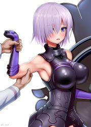 Rule 34 | 1boy, 1girl, :o, absurdres, armor, armored dress, armpits, bare shoulders, black gloves, blush, breasts, colored eyelashes, dress, elbow gloves, embarrassed, fate/grand order, fate (series), fujimaru ritsuka (male), gloves, hair over one eye, hand up, highres, holding another&#039;s wrist, impossible clothes, impossible dress, large breasts, long sleeves, mash kyrielight, open mouth, pink hair, purple dress, purple eyes, sekai saisoku no panda, shield, sleeveless, sleeveless dress, solo focus, twitter username, underbust, upper body