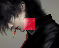 Rule 34 | 1boy, alucard (hellsing), artist name, black hair, black shirt, blood, collared shirt, cross, from side, grey background, hellsing, highres, looking down, male focus, mouth hold, necktie, portrait, profile, red necktie, shirt, solo, toshimichi yukari