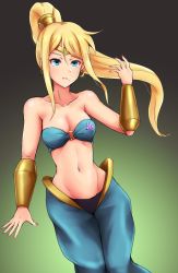 Rule 34 | 1girl, adapted costume, arabian clothes, bandeau, belly dancer, blonde hair, blue eyes, blue pants, bracer, breasts, circlet, commentary request, cosplay, earrings, emblem, forehead jewel, hand in own hair, harem pants, hoop earrings, jewelry, long hair, metroid, mole, nail polish, navel, nintendo, o-ring, o-ring top, pants, pink nails, ponytail, resolution mismatch, samus aran, shantae, shantae (cosplay), shantae (series), solo, source larger, stomach, super smash bros., tiara, twitter, vambraces, very long hair, wakaba (wata ridley), zero suit