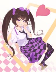 Rule 34 | 1girl, absurdres, arm up, black necktie, black thighhighs, checkered background, checkered clothes, checkered skirt, commentary, fingernails, geta, grin, hair between eyes, hair ribbon, hand on own cheek, hand on own face, hat, head tilt, heart, highres, himekaidou hatate, index finger raised, kanpa (campagne 9), leg ribbon, long hair, looking at viewer, loose necktie, necktie, over-kneehighs, pointy ears, puffy short sleeves, puffy sleeves, purple eyes, purple hat, purple ribbon, purple skirt, ribbon, shirt, short sleeves, sitting, sitting on hand, skirt, smile, solo, teeth, tengu-geta, thighhighs, tokin hat, touhou, two side up, very long hair, white shirt