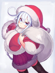 Rule 34 | 1girl, black thighhighs, blue eyes, blush, capelet, closed mouth, hair between eyes, hat, hibiki (kancolle), kantai collection, long hair, pleated skirt, red capelet, red skirt, reitou mikan, sack, santa costume, santa hat, silver hair, skirt, smile, solo, thighhighs