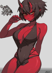 Rule 34 | 1girl, black choker, black dress, black hair, blush, breasts, choker, cocktail dress, colored skin, covered navel, dress, grey background, hand up, horns, kidouko (zakusi), large breasts, looking at viewer, navel, non-humanoid robot, oni, oni horns, orange eyes, original, parted lips, pointy ears, red oni, red skin, robot, short hair, signature, simple background, sitting, solo, zakusi