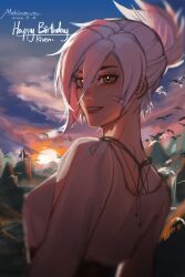 Rule 34 | 1girl, absurdres, alternate costume, animal, artist name, bird, character name, dated, grey shirt, grin, happy birthday, highres, league of legends, looking at viewer, looking back, michiii, orange eyes, outdoors, ponytail, riven (league of legends), shirt, short hair, smile, solo, sunset, teeth, upper body