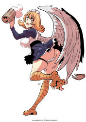 Rule 34 | 1girl, apron, arm up, ass, bird legs, black dress, blush, breasts, chicken leg, convenient censoring, cup, d:, dress, feathered wings, feathers, frilled apron, frills, from behind, harpy, highres, holding, holding cup, ishuzoku reviewers, kukuruyo, large breasts, long sleeves, looking at viewer, looking back, maid, maid headdress, meidri, monster girl, mug, open mouth, orange hair, red eyes, shirt, short hair, simple background, solo, standing, standing on one leg, talons, thigh strap, v-shaped eyebrows, waist apron, watermark, web address, white apron, white background, white feathers, white shirt, wings