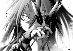 Rule 34 | 1girl, akane harurou, arrow (projectile), between fingers, close-up, covering own mouth, gloves, greyscale, hachimaki, headband, heterochromia, holding, holding arrow, kantai collection, long hair, monochrome, partially fingerless gloves, partly fingerless gloves, solo, yugake, zuihou (kancolle)