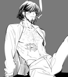 Rule 34 | 1boy, arm support, bandaid, bandaid on face, bare pectorals, beard, chest hair, closed mouth, collared shirt, facial hair, feet out of frame, gauze, hair over one eye, halorane, jacket, jigen daisuke, looking at viewer, lupin iii, male focus, monochrome, navel, nipples, open clothes, open jacket, pectorals, ribs, shirt, short hair, simple background, sitting, sketch, smoke trail, solo