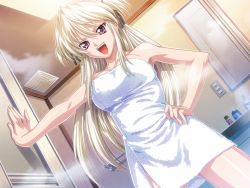 Rule 34 | 1girl, bathroom, blonde hair, breasts, cleavage, dutch angle, game cg, hand on own hip, happy princess, hip focus, impossible towel, large breasts, long hair, naked towel, nikita martemiyanov, non-web source, purple eyes, red eyes, short twintails, solo, towel, twintails, two side up, yokota mamoru