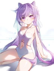 Rule 34 | 1girl, bare arms, bare legs, bare shoulders, braid, breasts, closed mouth, clothing cutout, collarbone, cone hair bun, expressionless, genshin impact, hair bun, halterneck, highres, keqing (genshin impact), lizhilv, long hair, looking at viewer, medium breasts, navel, navel cutout, one-piece swimsuit, purple eyes, purple hair, sideless outfit, skindentation, solo, squatting, swimsuit, thighs, twintails, very long hair, white one-piece swimsuit