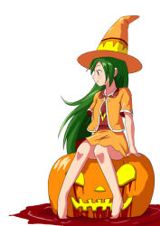 Rule 34 | 1girl, barefoot, blood, gahiro, green hair, halloween, hat, jack-o&#039;-lantern, orange hat, original, profile, solo, sunviola, witch hat